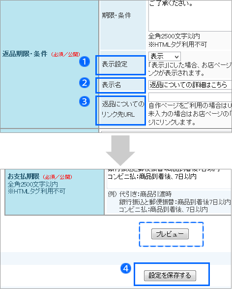 返品期限・条件を変更する方法